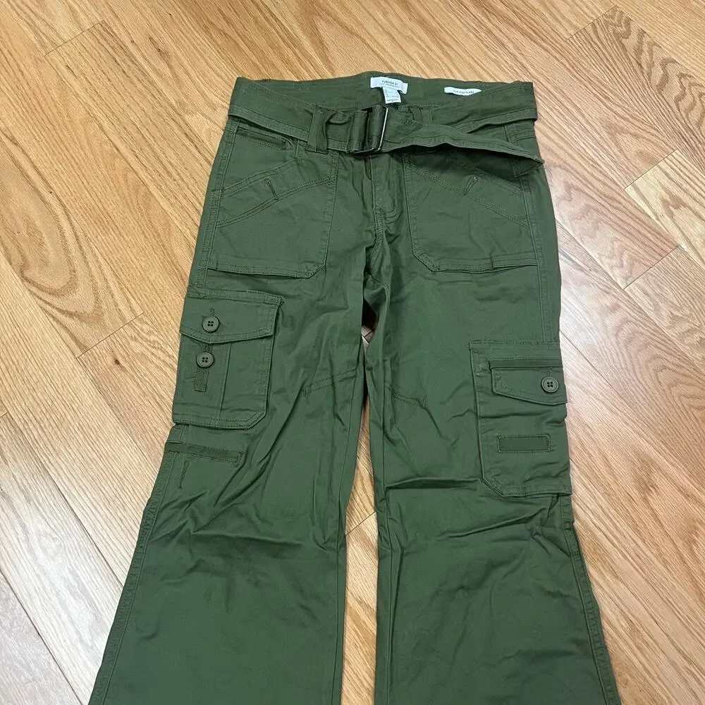 Forever 21 Women's Pants Cargo Low Rise Flare Belted Army Green Military Size S
